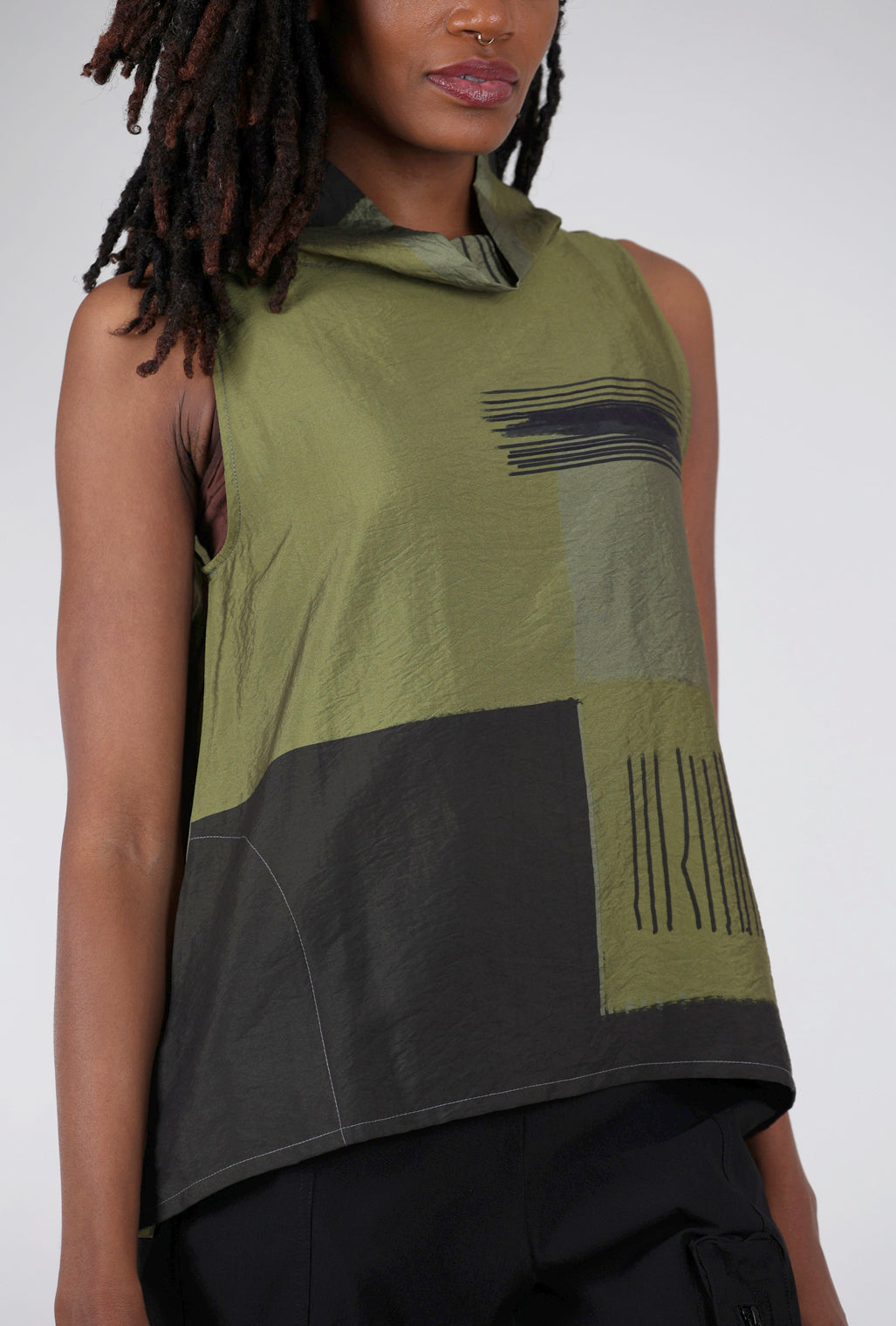 3 Potato Print Cowl Tank, Charcoal/Green 