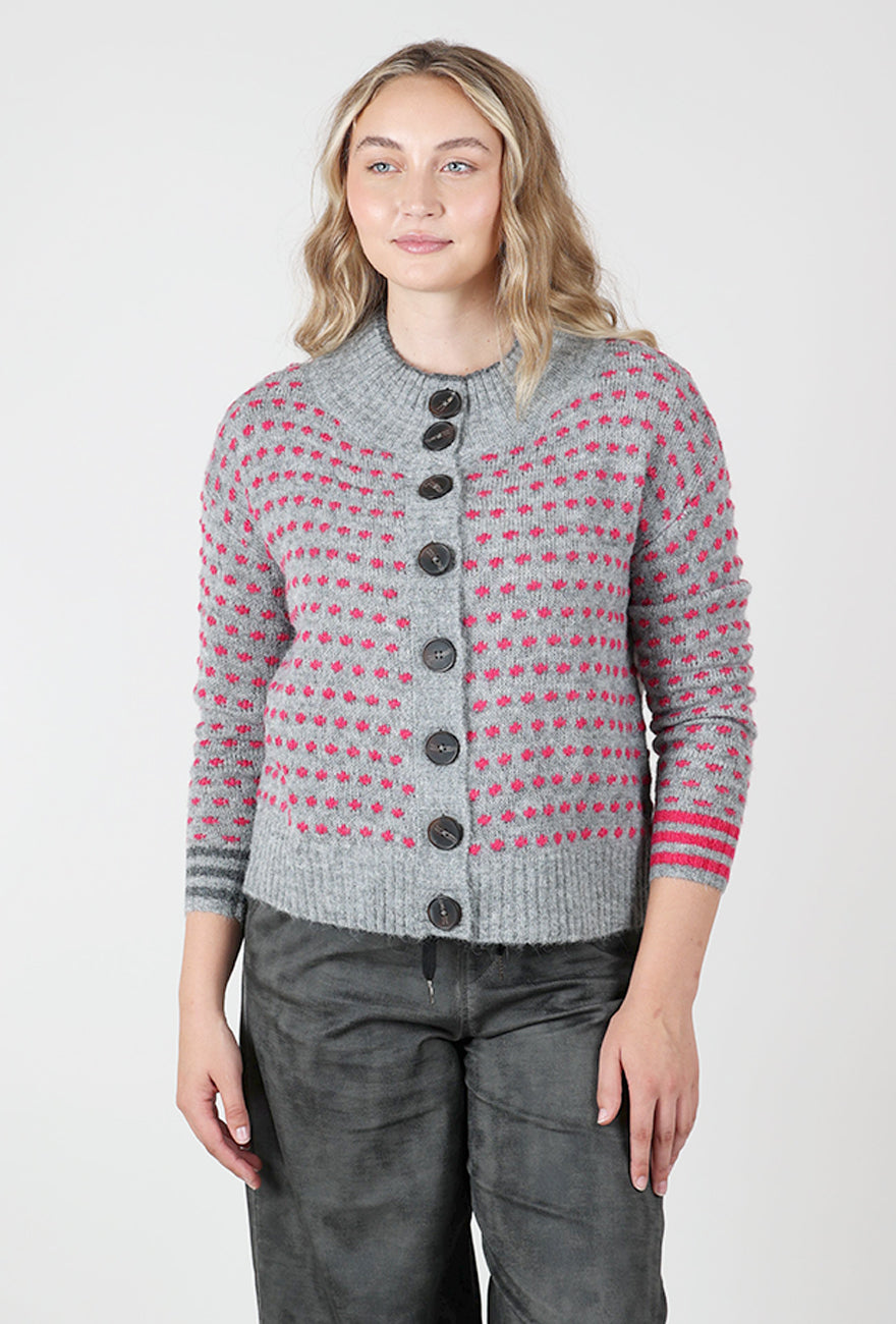 Dotty Button Cardie, Gray/Pink