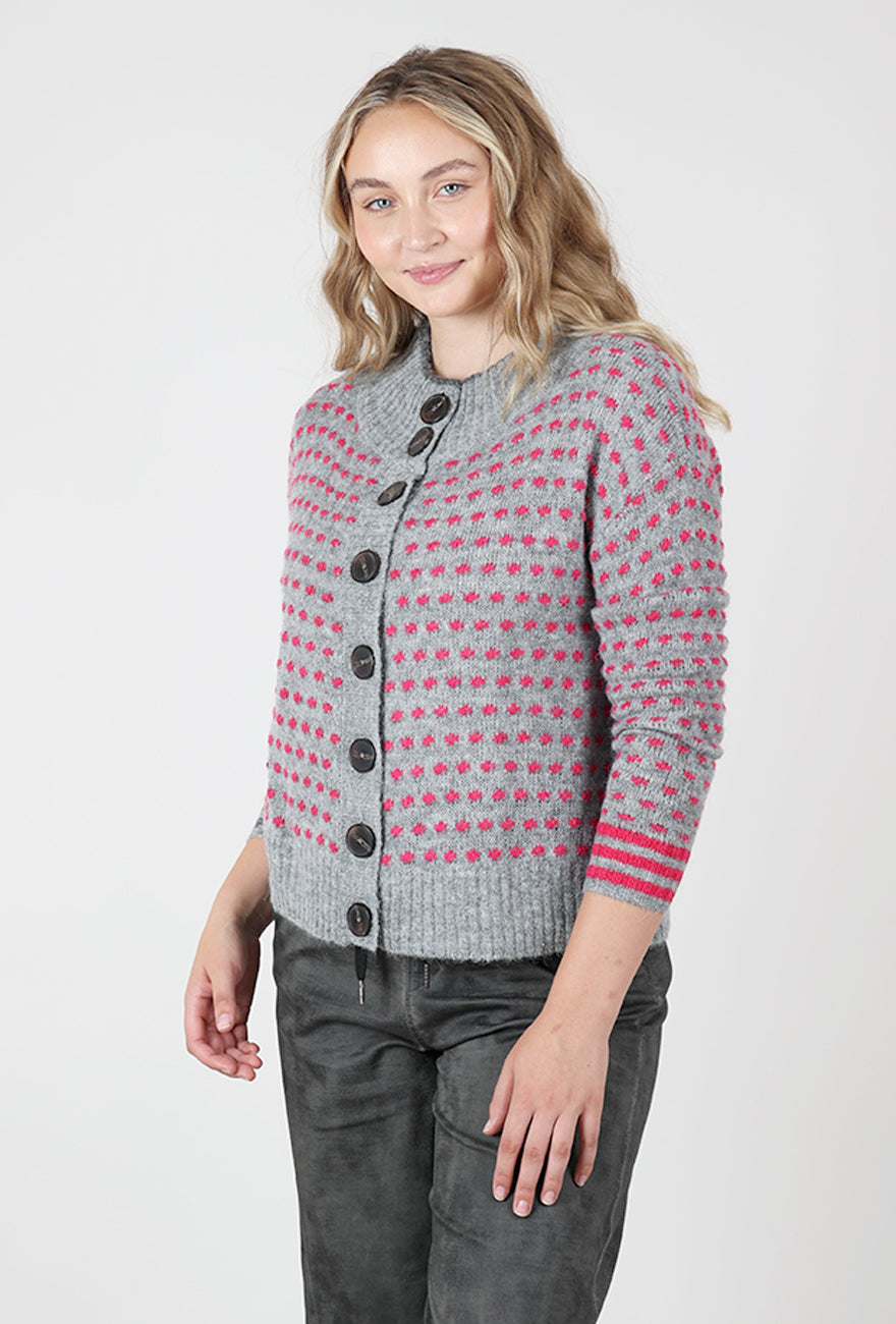 Dotty Button Cardie, Gray/Pink Angle 2