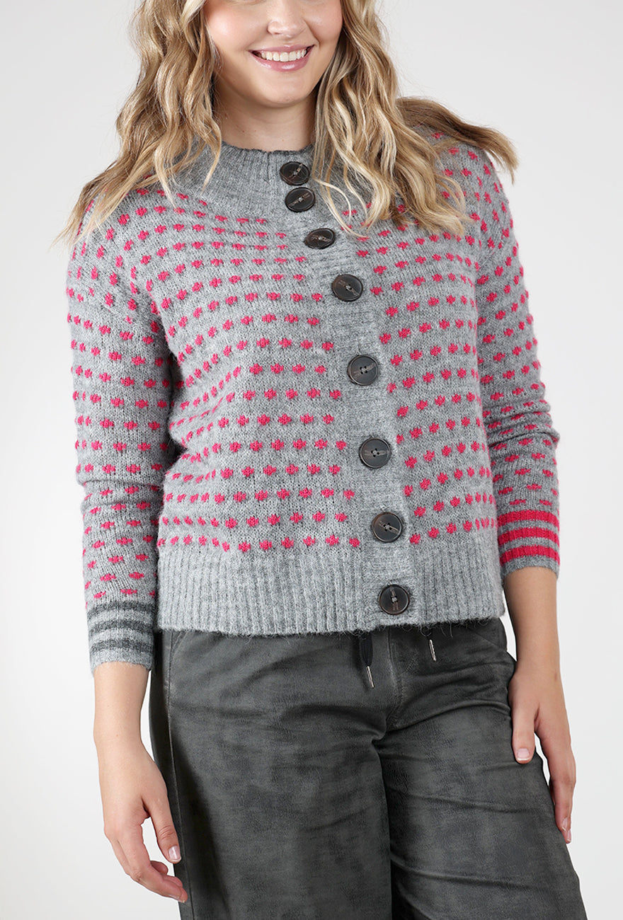 Dotty Button Cardie, Gray/Pink