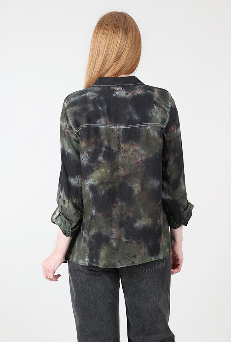 Galadriel Mattei Mottled Flounce Shirt, Black/Forest 