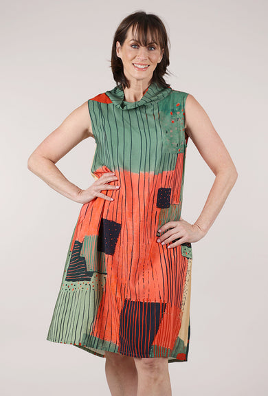 3 Potato Cowl A-Line Print Dress, Flame/Olive 