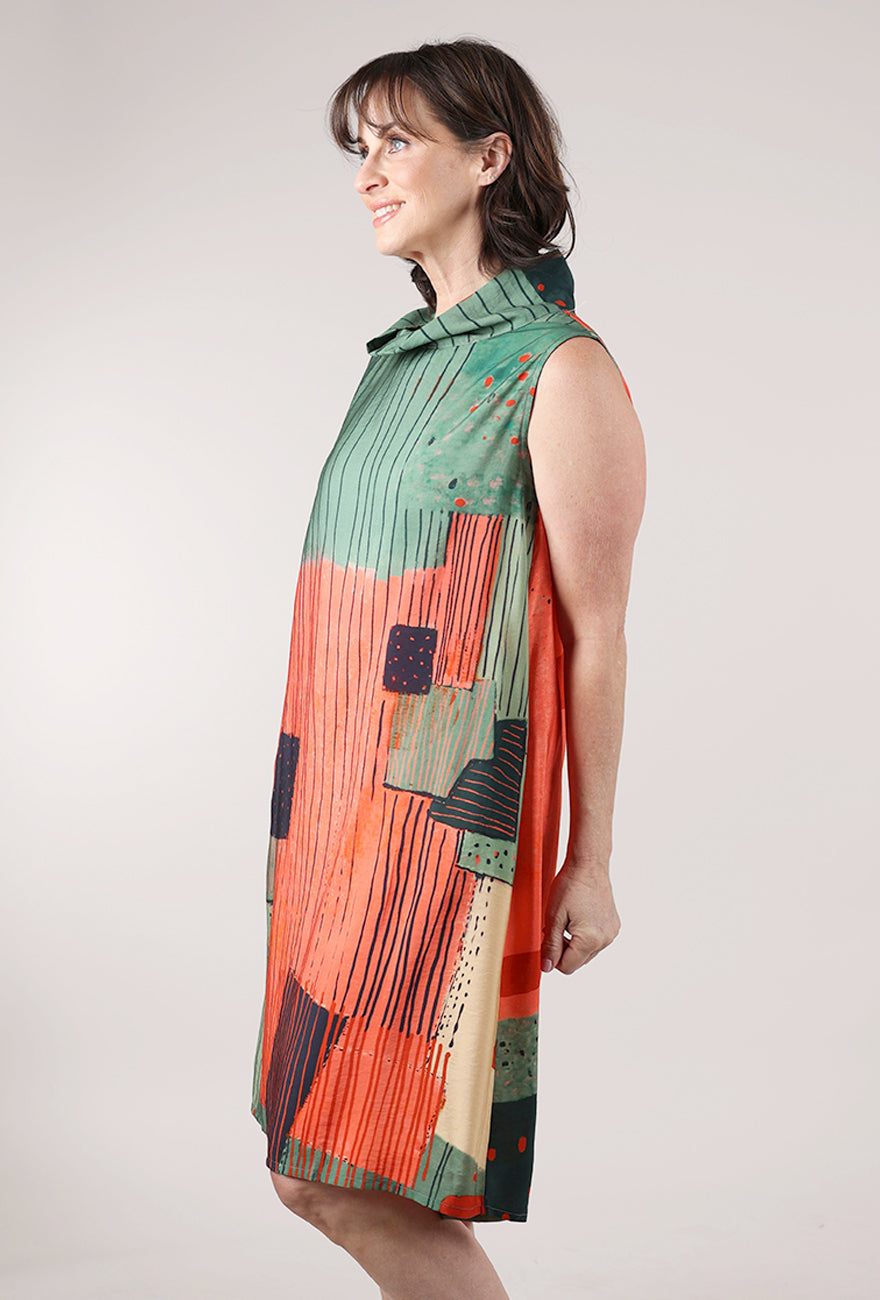 3 Potato Cowl A-Line Print Dress, Flame/Olive 