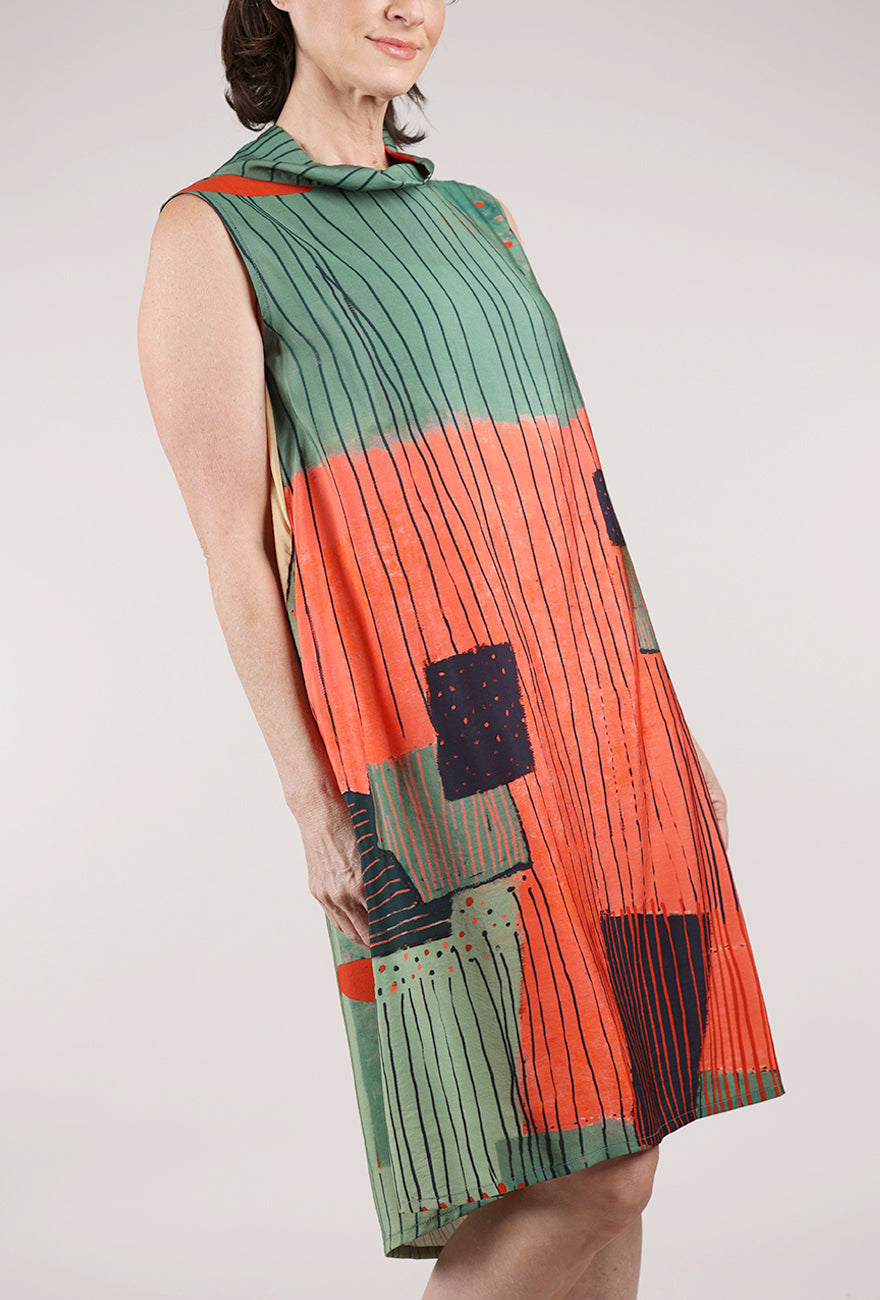 3 Potato Cowl A-Line Print Dress, Flame/Olive 