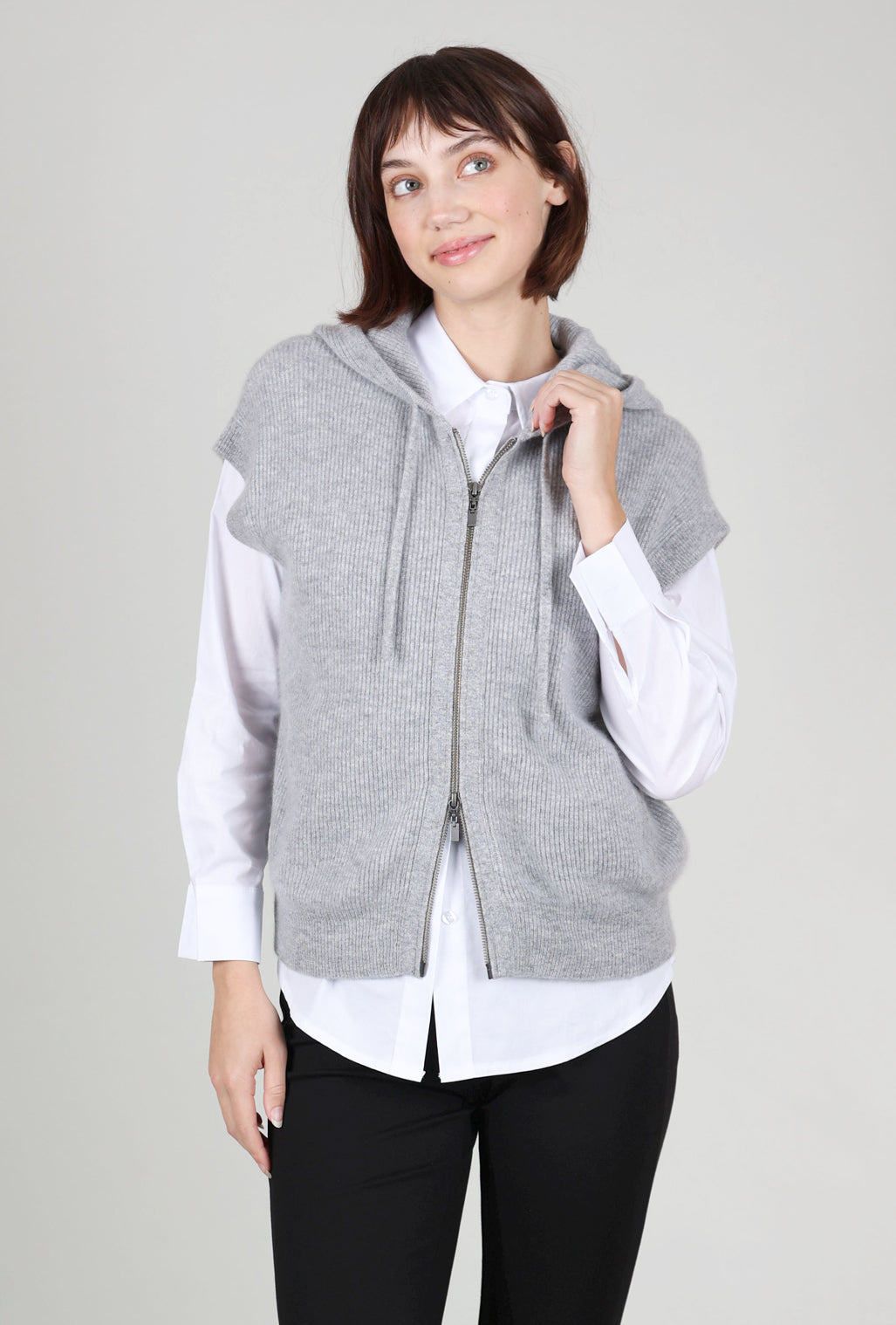 Kinross Cashmere S/L Rib Zip Hoodie, Sterling 