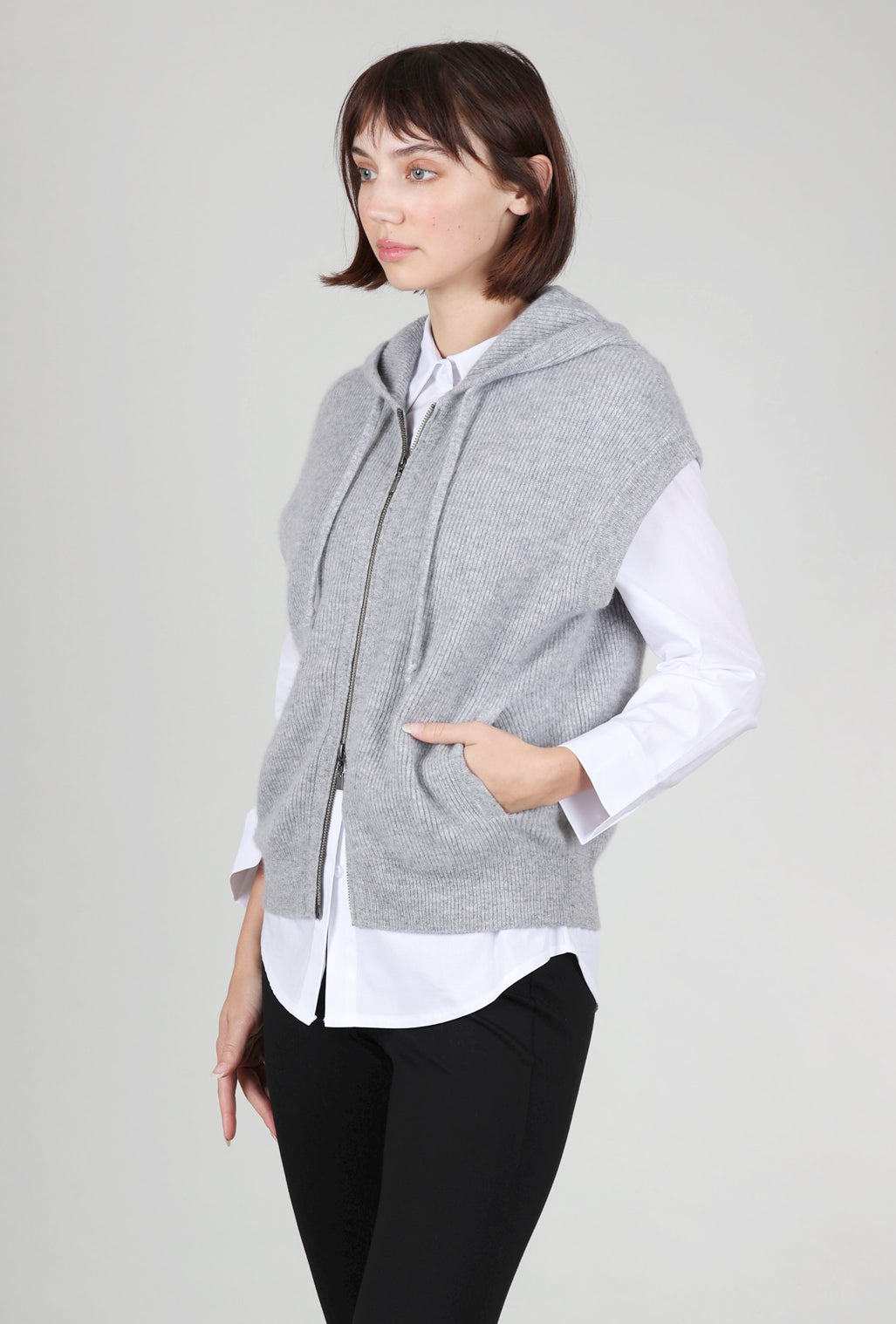 Kinross Cashmere S/L Rib Zip Hoodie, Sterling 