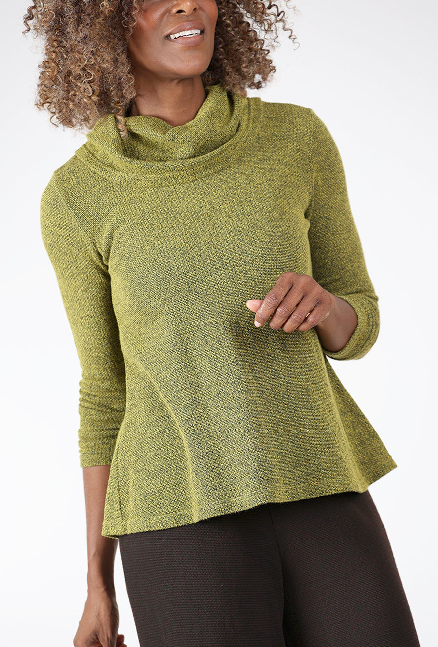 Marled Knit Cowl Pullover, Pea Angle 4