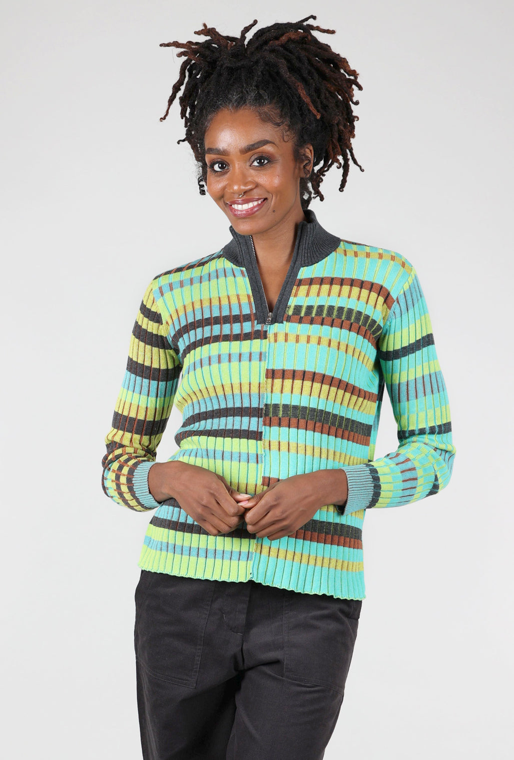 Zaket & Plover Multi-Stripe 1/4-Zip Sweater, Charcoal/Mint 