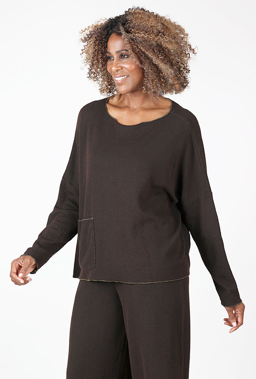 Marled Sweater Knit Pocket Pullover, Chocolate Angle 3