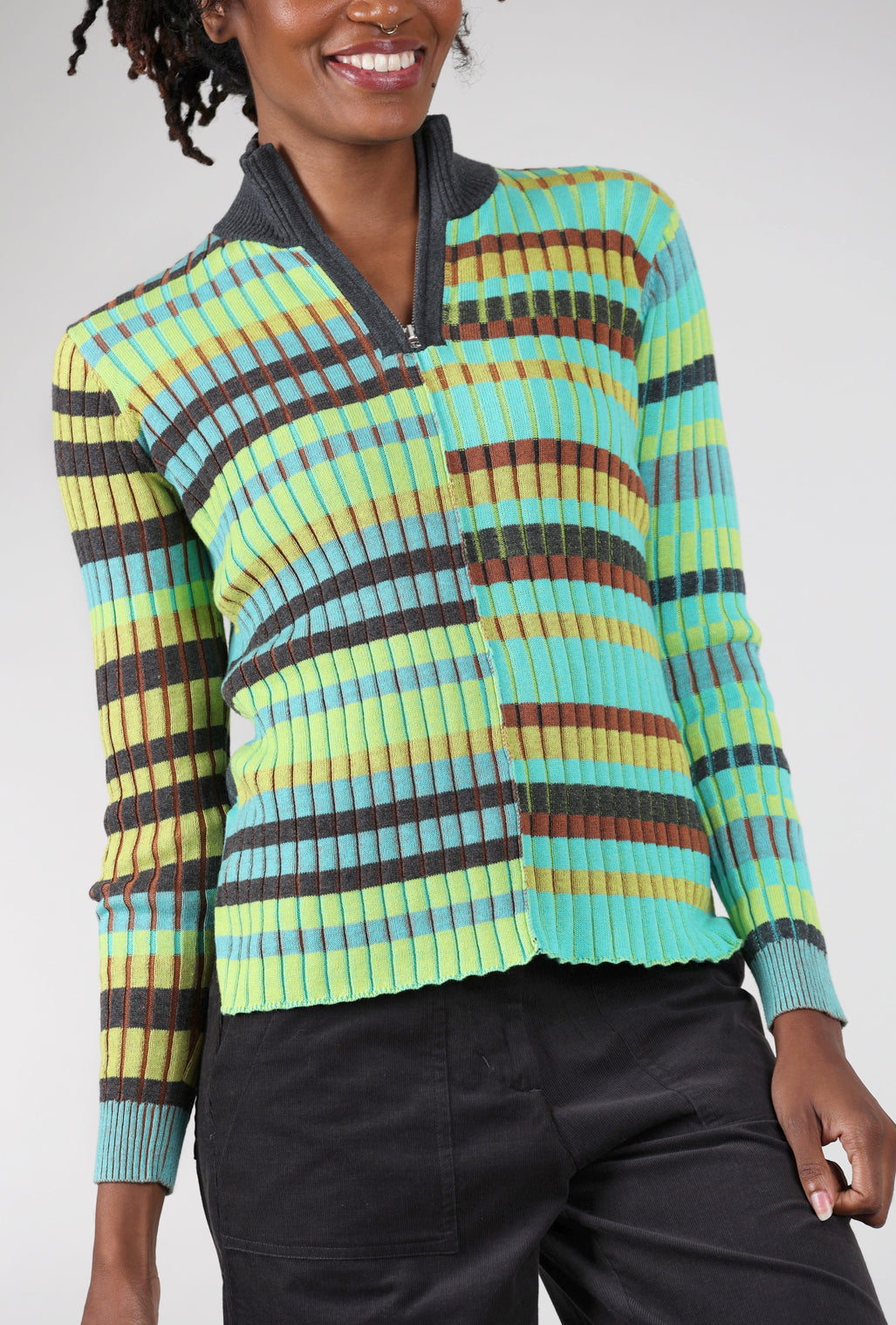 Zaket & Plover Multi-Stripe 1/4-Zip Sweater, Charcoal/Mint 