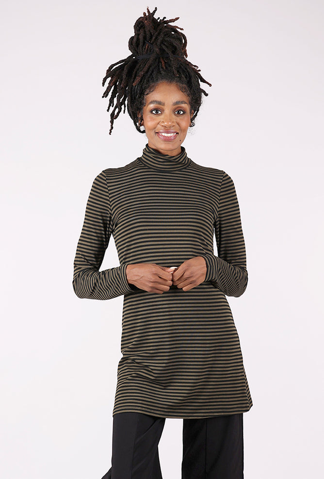 Alembika Longish Stripe Tneck, Khaki/Black 