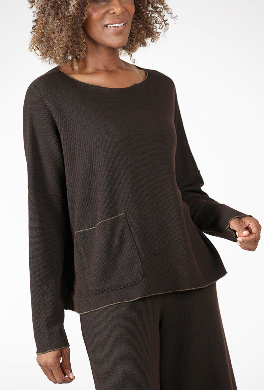 Marled Sweater Knit Pocket Pullover, Chocolate Angle 6