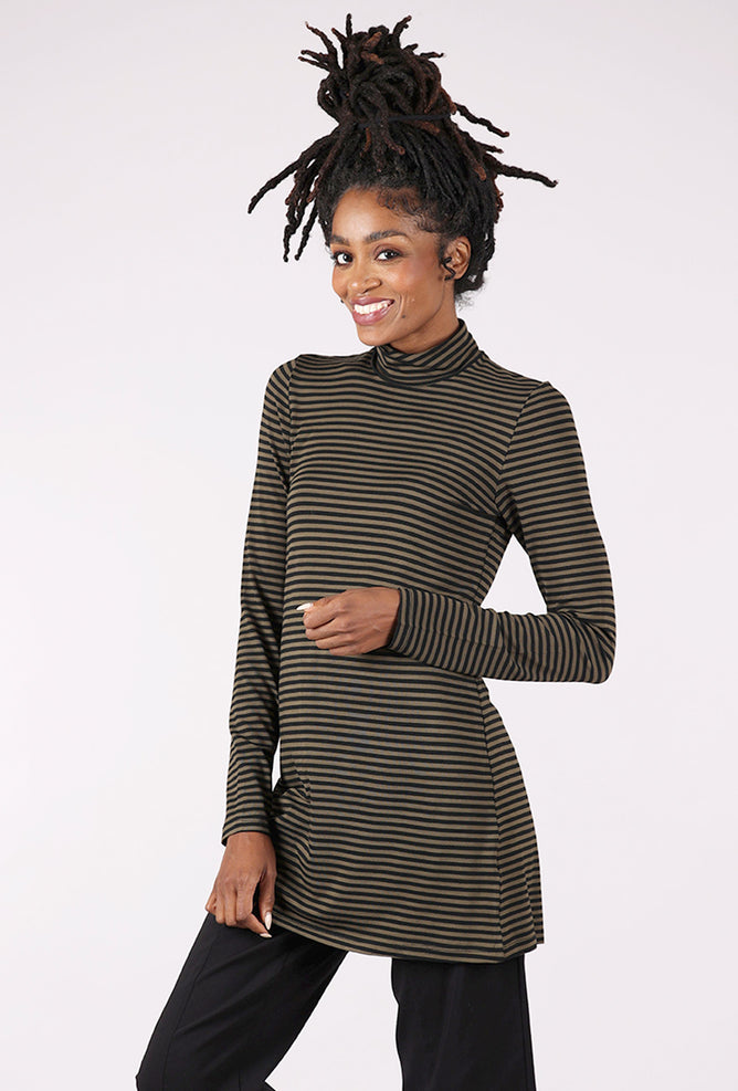 Alembika Longish Stripe Tneck, Khaki/Black 