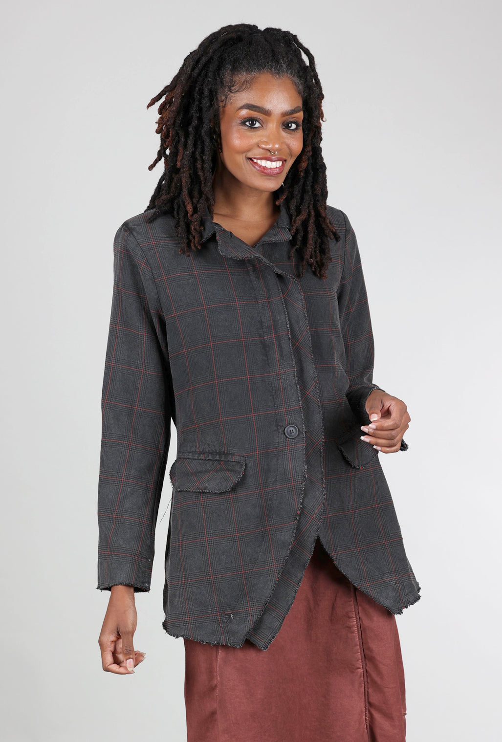 Baci Raw-Edge Plaid Jacket, Pewter 