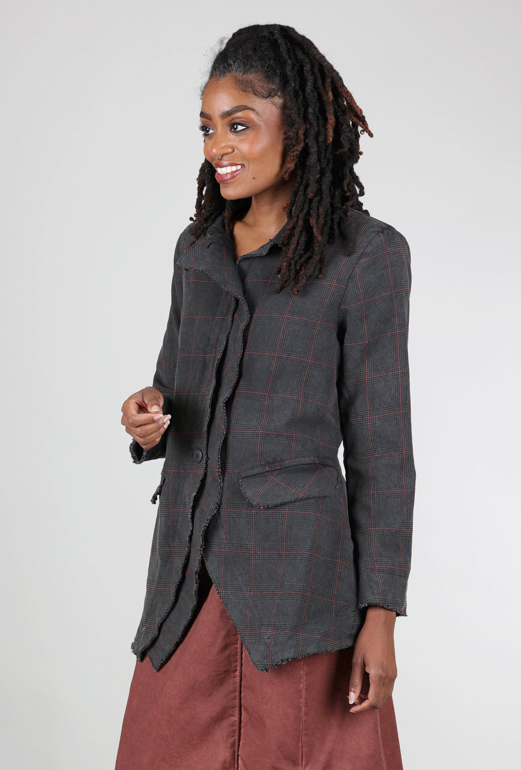 Baci Raw-Edge Plaid Jacket, Pewter 