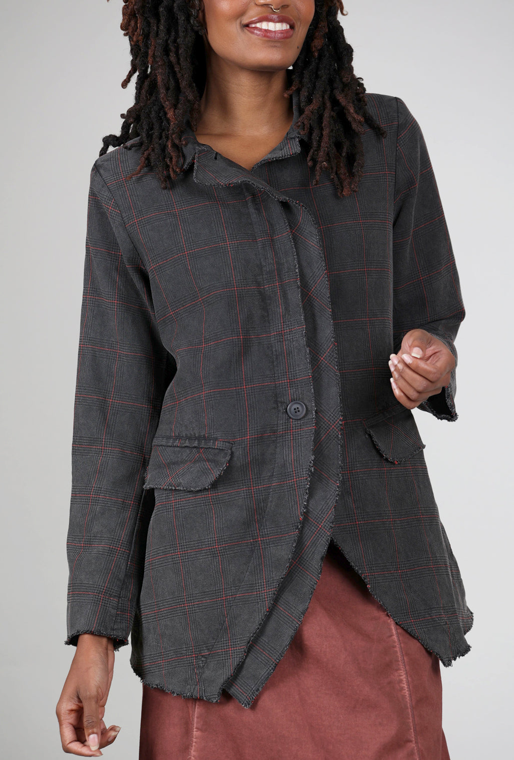 Baci Raw-Edge Plaid Jacket, Pewter 