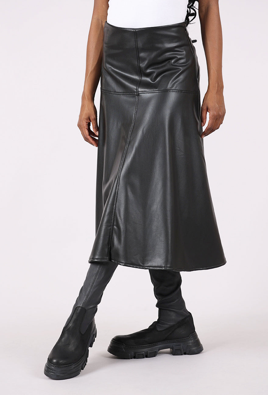 Isle by Melis Kozan Vegan Leather Godet Skirt, Black 