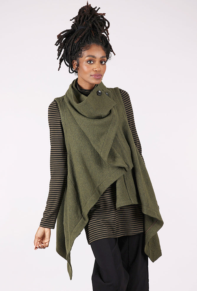Moyuru Boiled Wool Drape Vest, Khaki 
