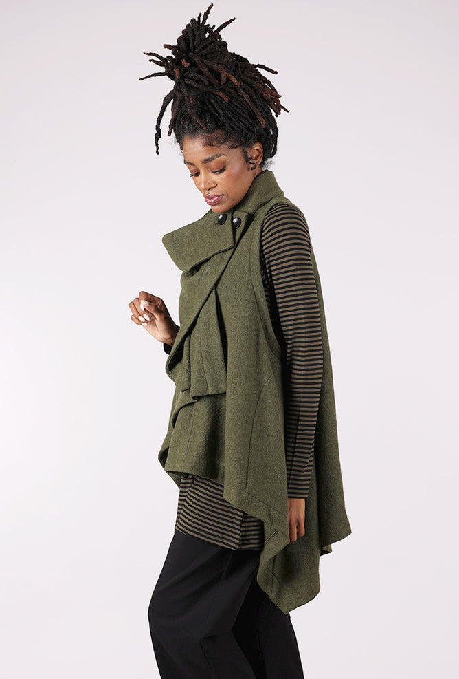 Moyuru Boiled Wool Drape Vest, Khaki 