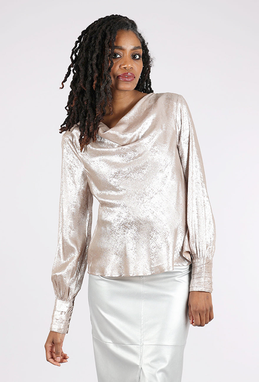 Mystree Shimmer Cowl Blouse, Rose Metallic 