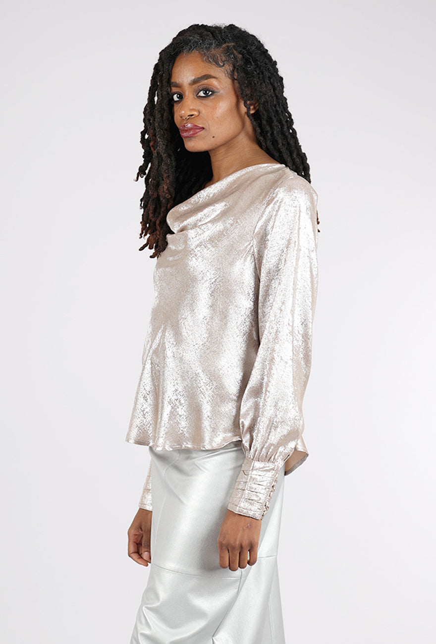 Mystree Shimmer Cowl Blouse, Rose Metallic 