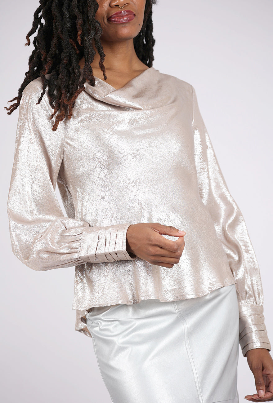 Mystree Shimmer Cowl Blouse, Rose Metallic 