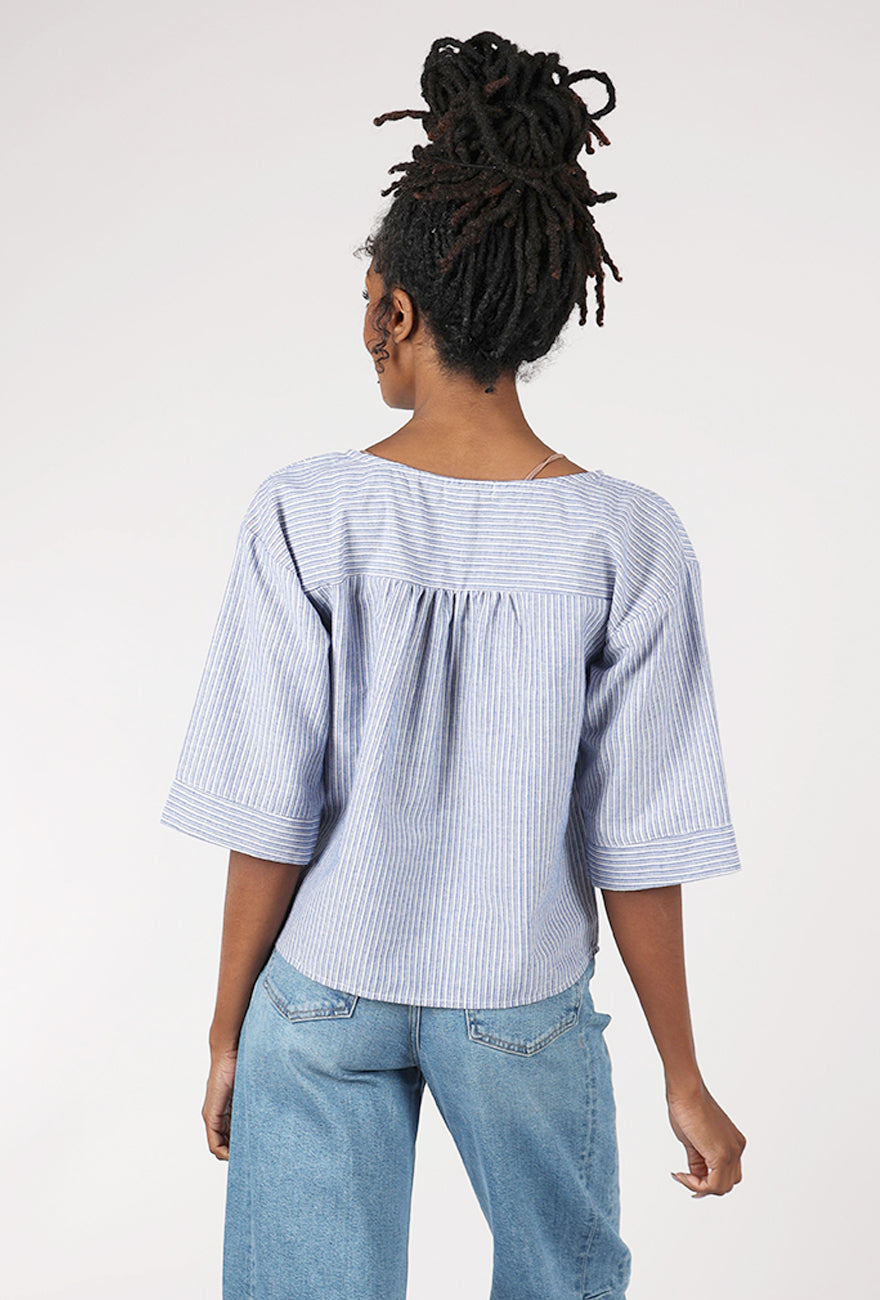 Mododoc Elbow Sleeve Split Neck Top, Ocean Stripe 