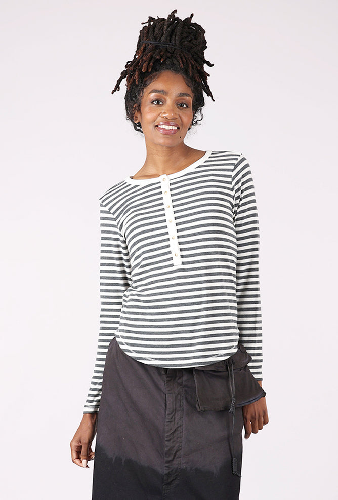 Slim Shirttail Stripe Henley, Ivory/Charcoal