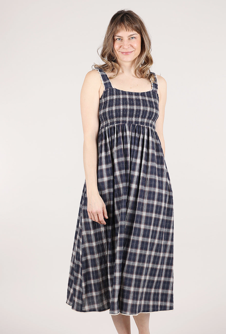 Grade & Gather Smocked Plaid Midi Dress, Midnight 