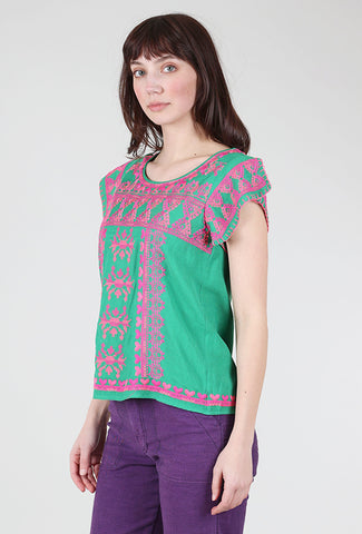 THML Embroidered Maddie Top, Green/Pink 