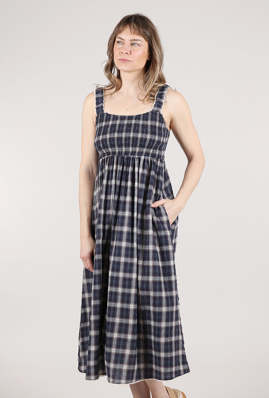 Grade & Gather Smocked Plaid Midi Dress, Midnight 