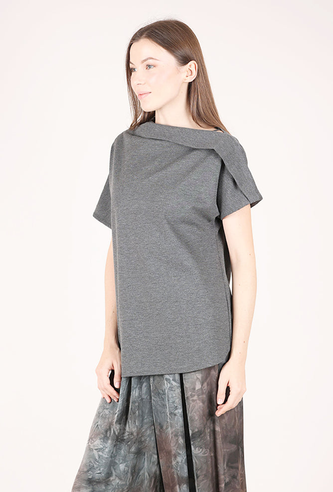 Noen Pleat Neck Ponte Top, Charcoal 
