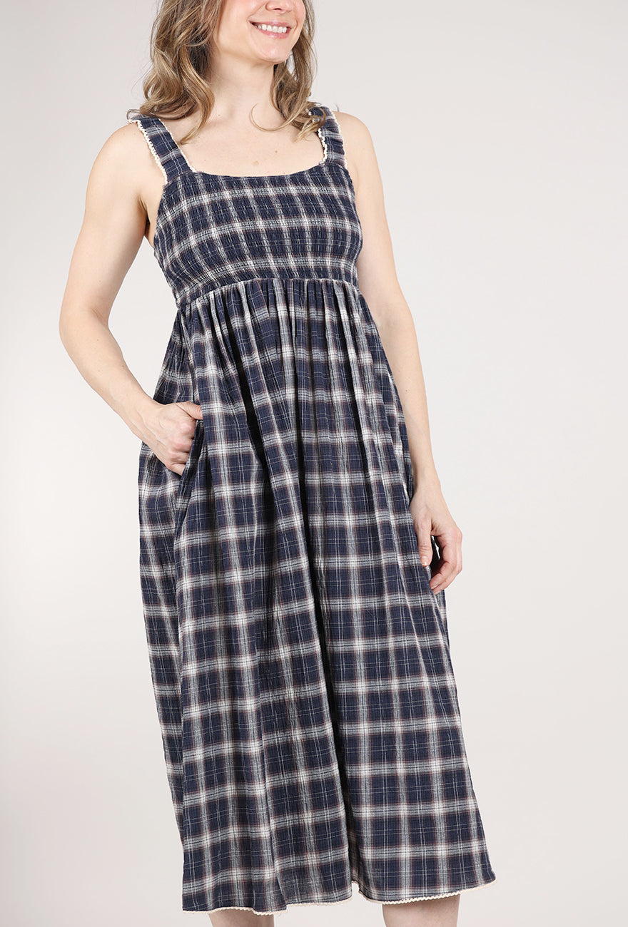 Grade & Gather Smocked Plaid Midi Dress, Midnight 