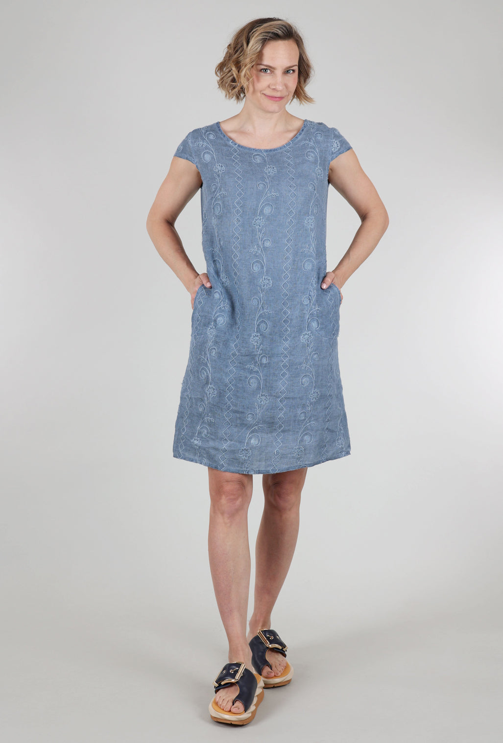 Femme Fatale Linen Ribbed Back Panel Dress, Indigo/Embroidery 