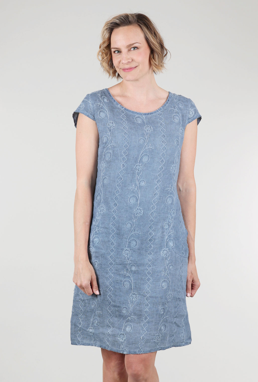 Femme Fatale Linen Ribbed Back Panel Dress, Indigo/Embroidery 