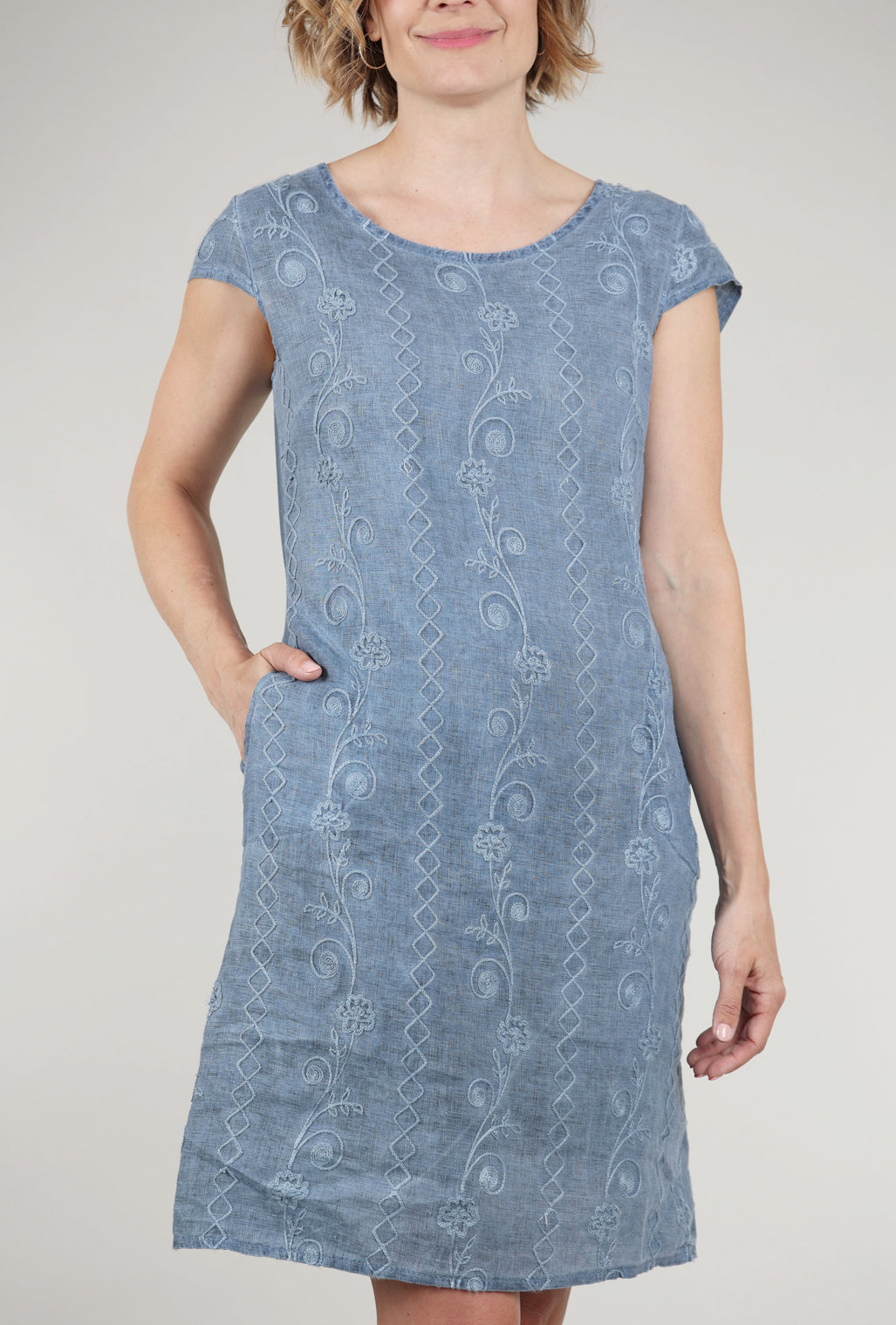 Femme Fatale Linen Ribbed Back Panel Dress, Indigo/Embroidery 