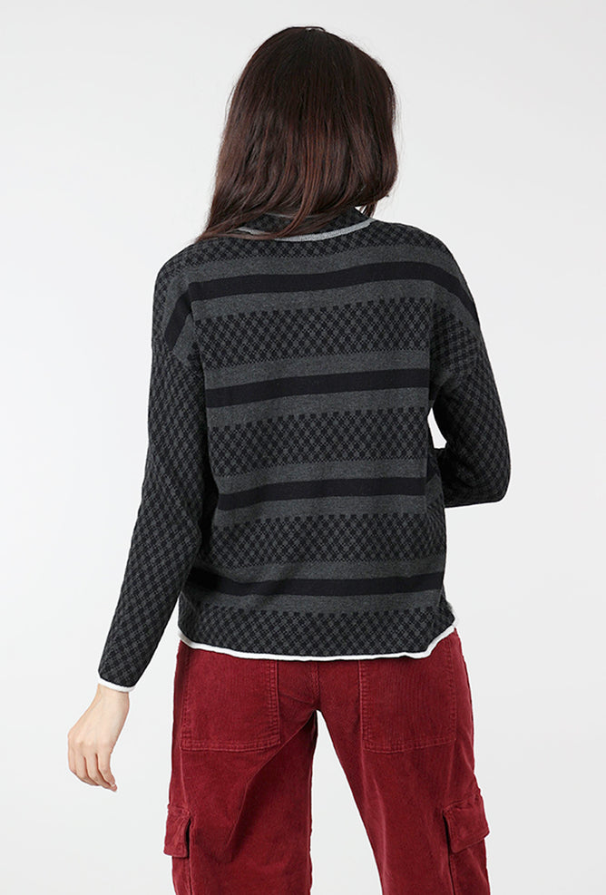 Zaket & Plover Checkmate Nehru Collar Sweater, Charcoal 