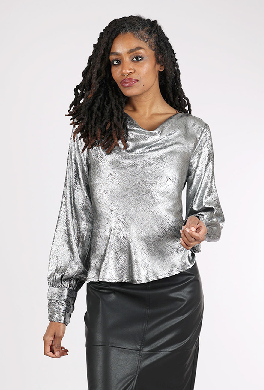 Mystree Shimmer Cowl Blouse, Silver Black 