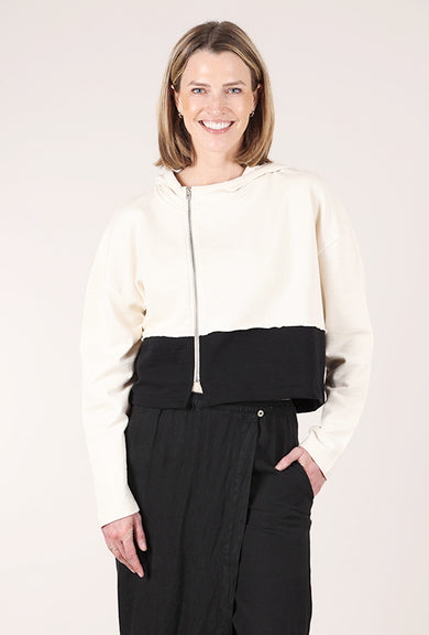 Colorblock Asym Zip Hoodie, Cream/Black