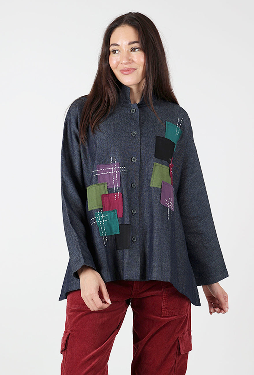 Patched Denim Mandarin Swing Shirt, Blue