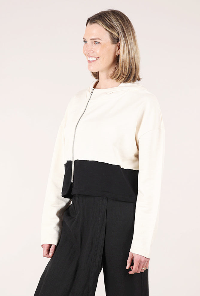Colorblock Asym Zip Hoodie, Cream/Black