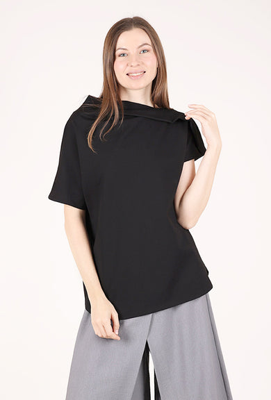 Noen Pleat Neck Ponte Top, Black 