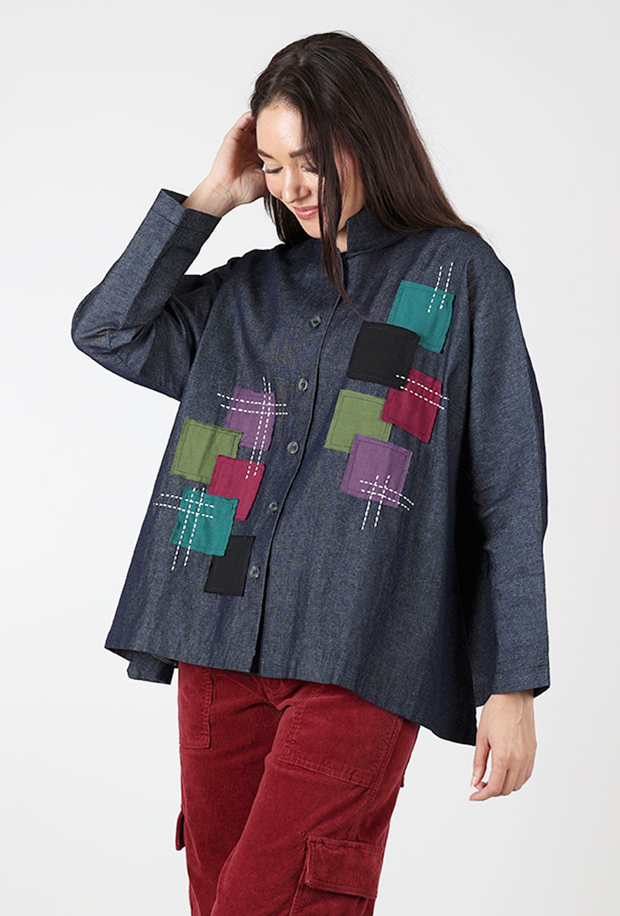 Patched Denim Mandarin Swing Shirt, Blue Angle 2