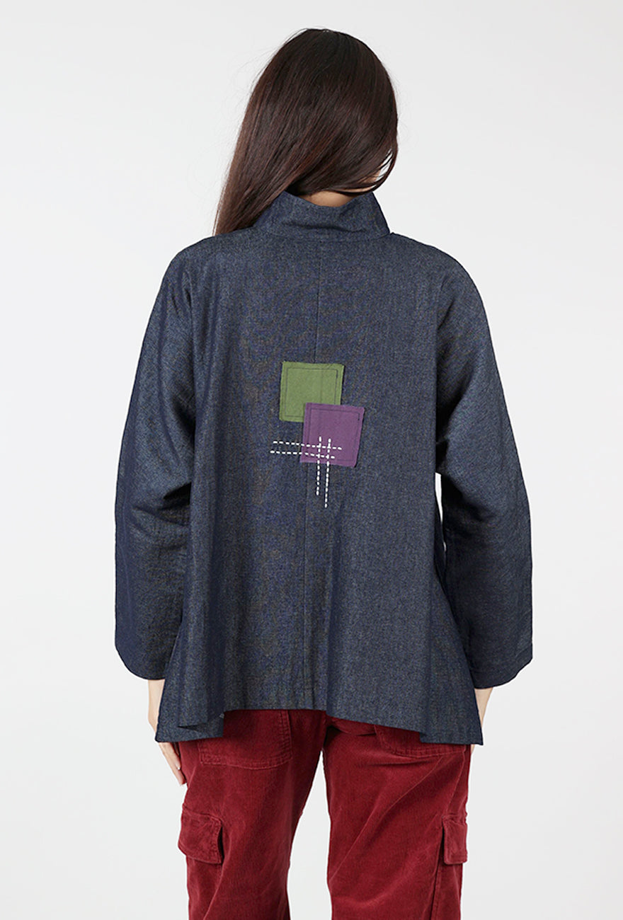 Patched Denim Mandarin Swing Shirt, Blue Angle 3