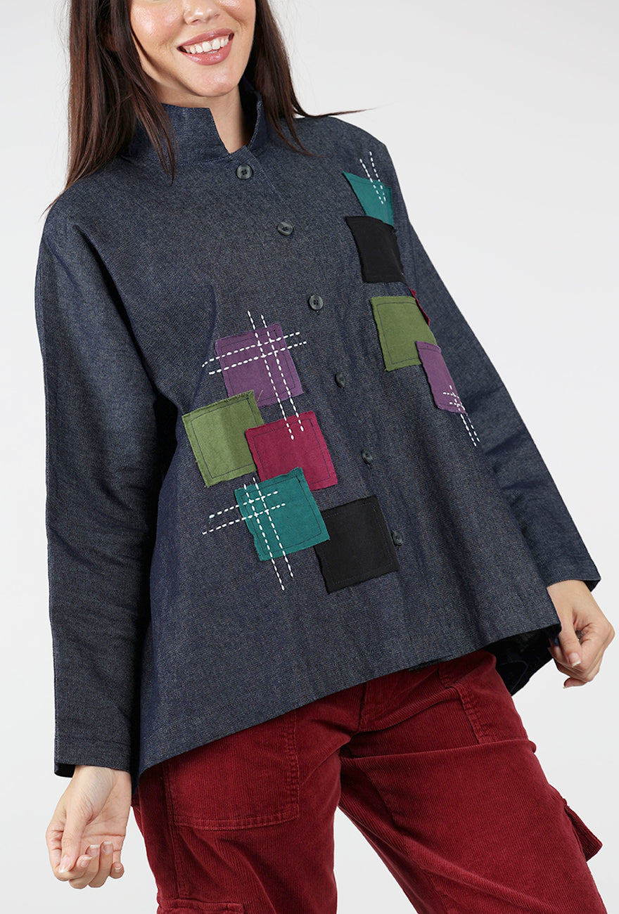 Patched Denim Mandarin Swing Shirt, Blue