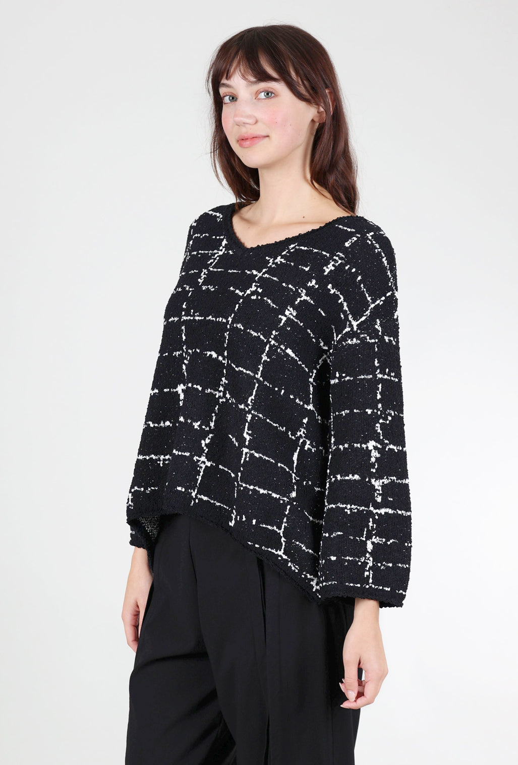 Liv Boucle Windowpane Pullover, Black 