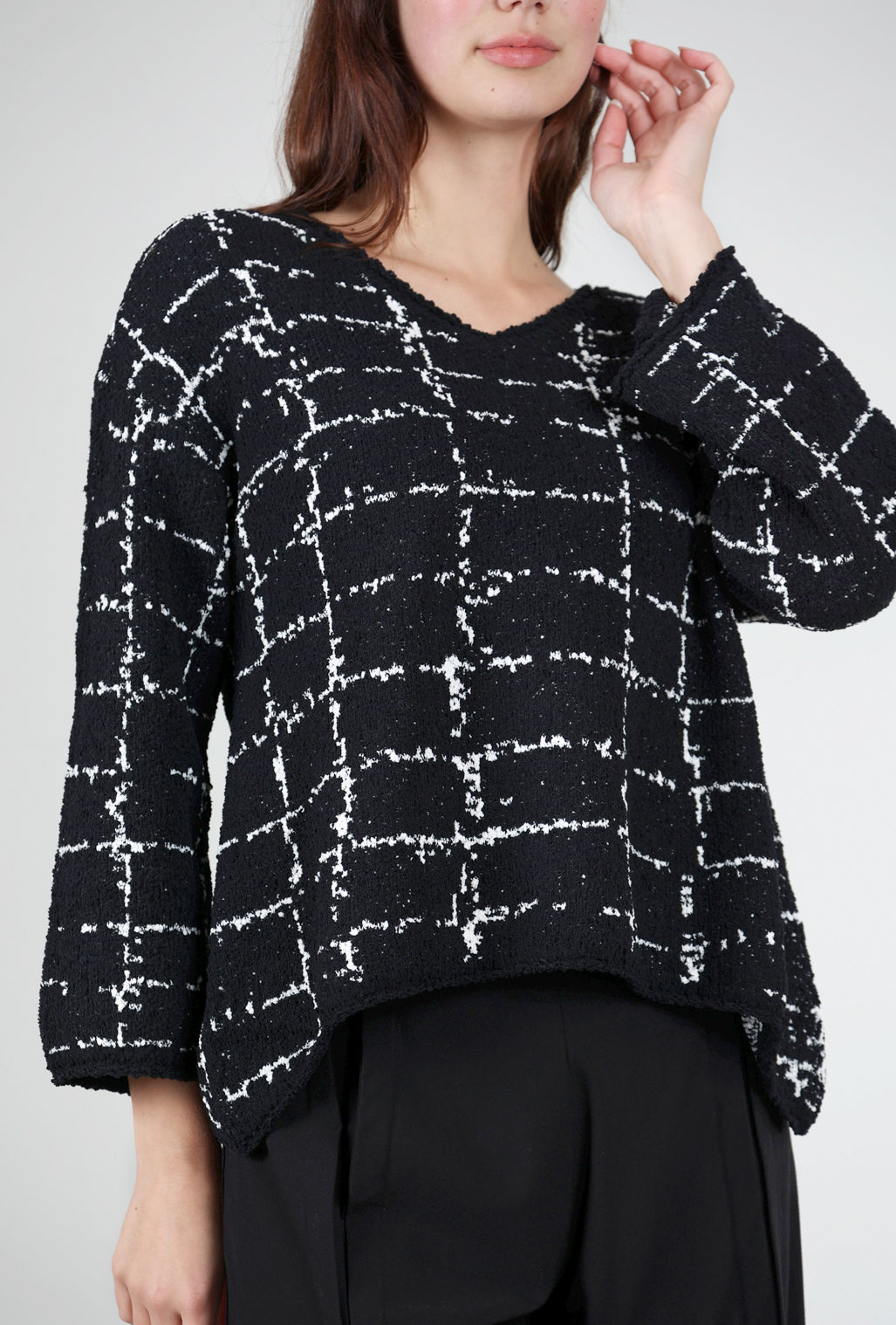 Liv Boucle Windowpane Pullover, Black 