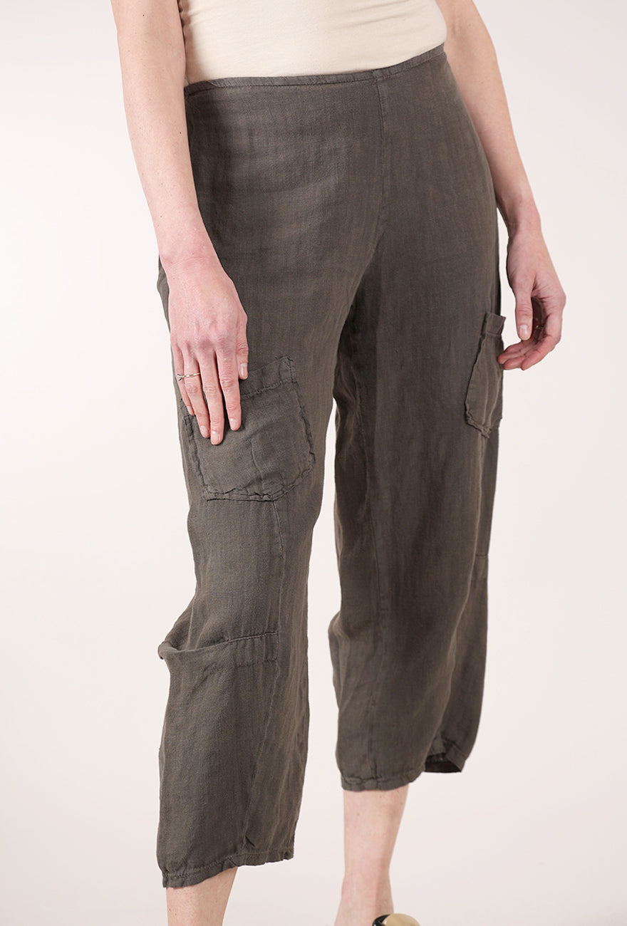 Fenini Linen Barrel Crop Pants, Moss 