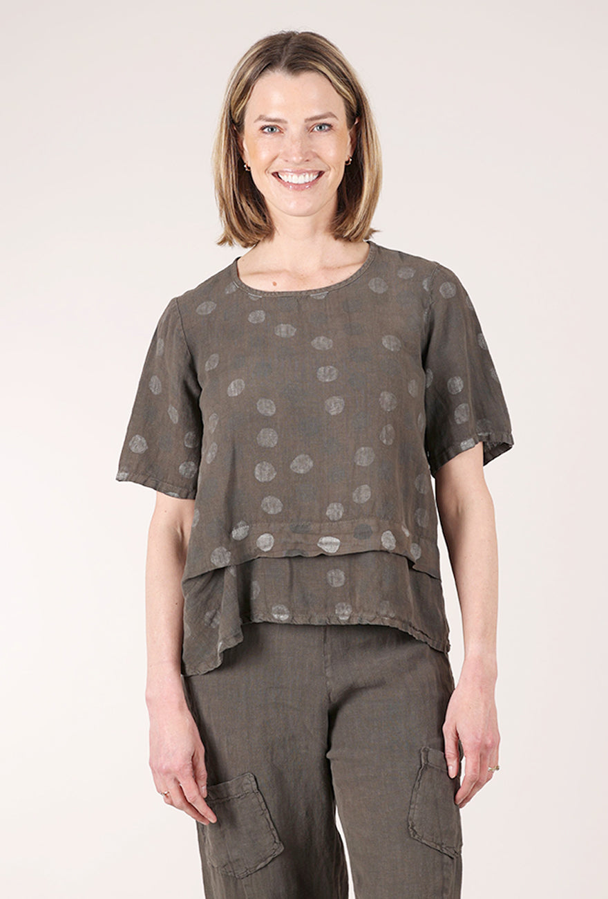 Fenini Linen Pleat Dot Top, Moss 