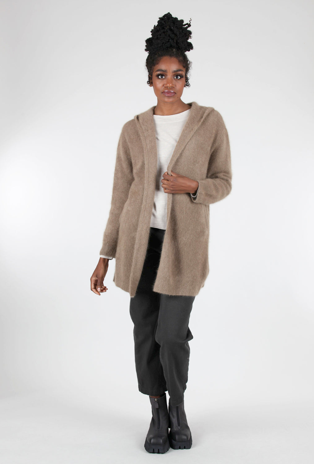 Estheme Cashmere Hooded Open Raccoon Cardie, Taupe 